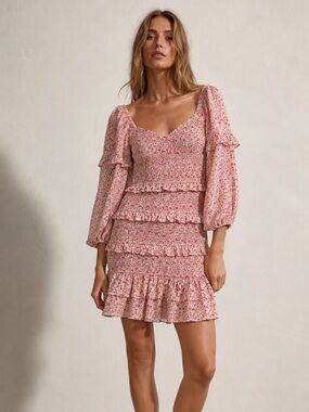 Storia | M | Smocked Pink Floral Ruffle Midi Dress